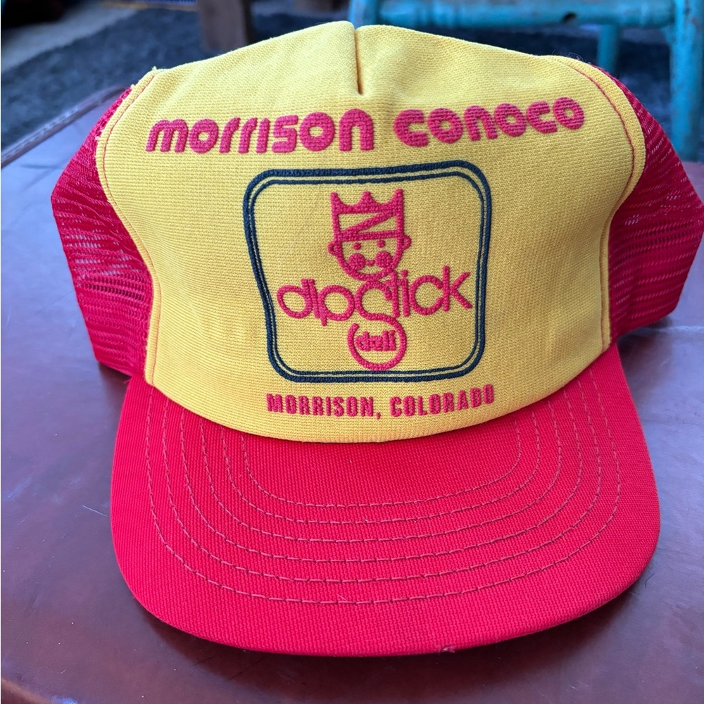 vintage trucker hat morrison conoco red yellow dipstick deli